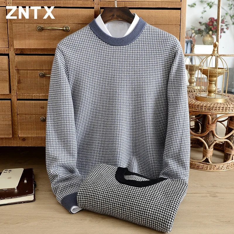 

ZNTX Autumn winter pure cashmere sweater men's crewneck casual plaid thickened warm knit sweater youth jacquard plus size