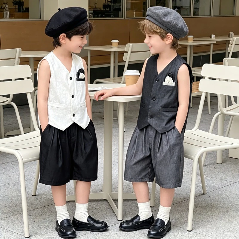 Boys Linen Blend 2Pcs Suit Set Formal Waistcoat  Wide Leg Shorts with Pocket Square Summer Wedding Guest Outfit for Kids 4 6 8 Y