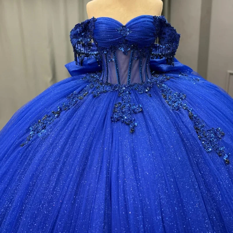 

Shiny royal blue Quinceanera Dress Crystal Glitter Flower Decal Lace layering Bow Long tail Vestidos De 15 Quinceanera ﻿Customi