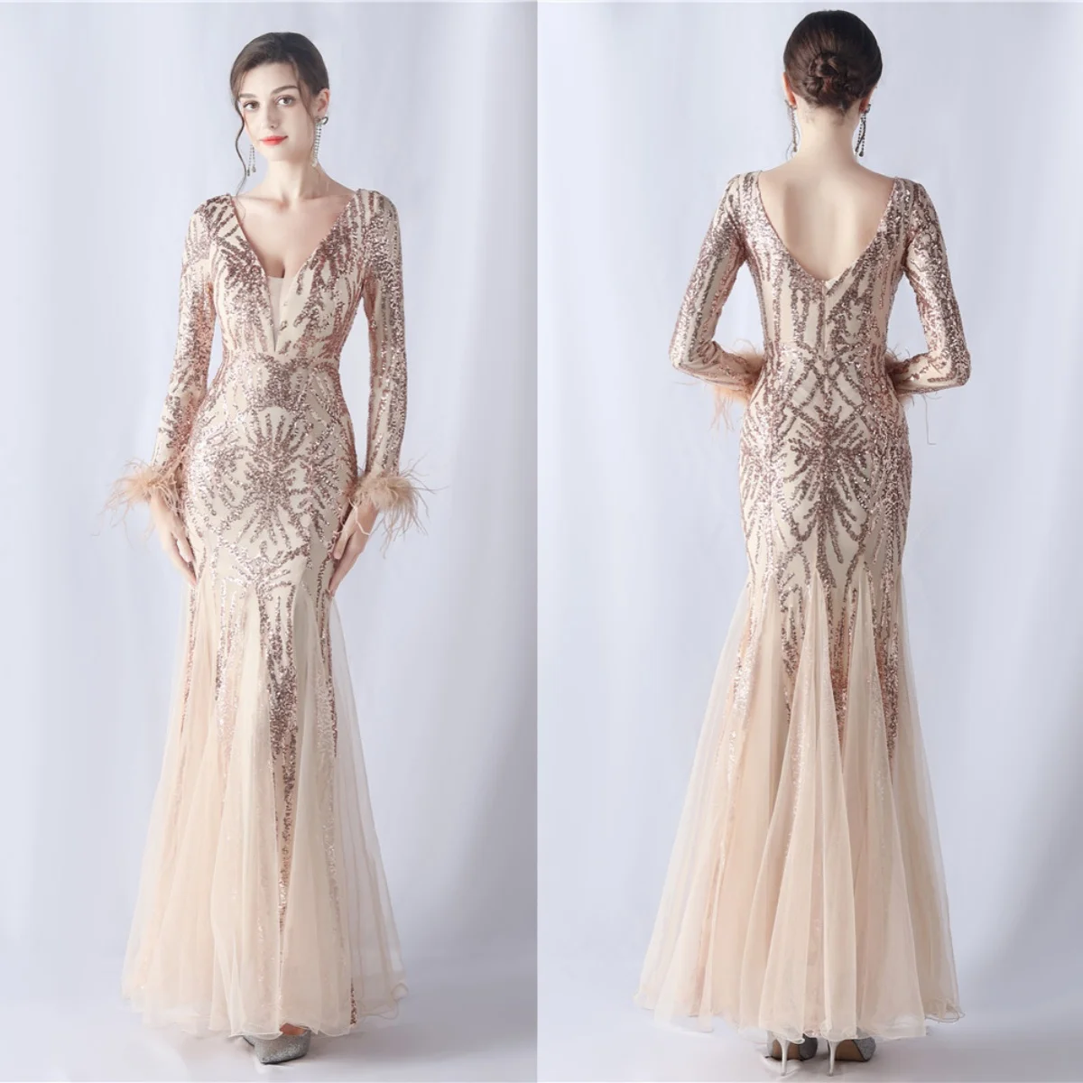 

Evening Dress Champagne Sequins Stretchy V-neck Full Sleeves Feather Zipper Mermaid Trumpet Floor Length Women Party Formal Gown