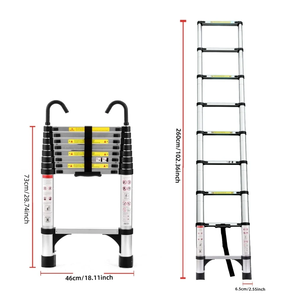 Telescoping Extension Ladder 8.5FT, Aluminum Telescopic Ladders with hooks and triangular support frame for Outdoor Indoor Use