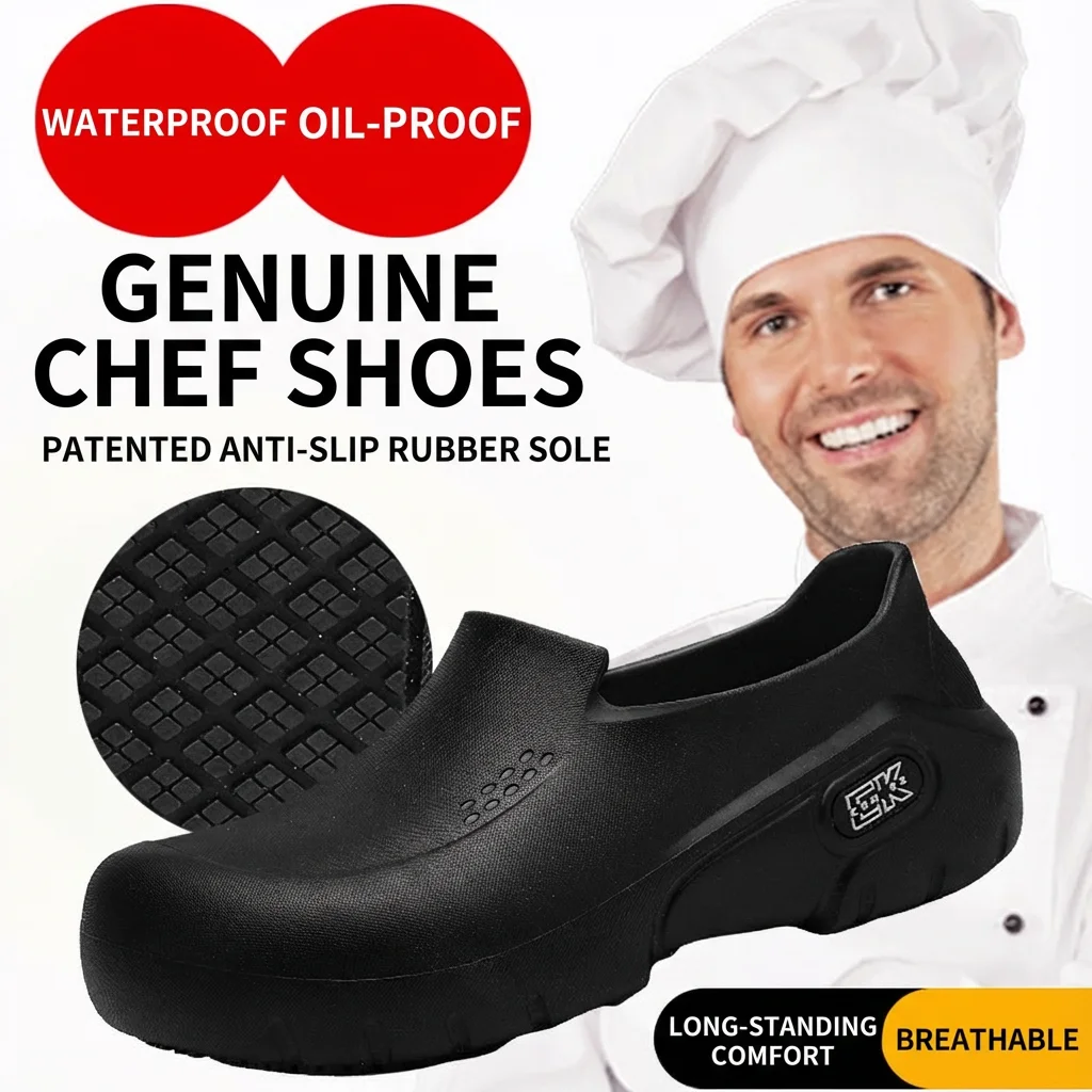 Kitchen Chef Shoes Slip On Waterproof Oil-Proof Restaurant Work Shoes Antiskid Breathable Cook Clogs For Men