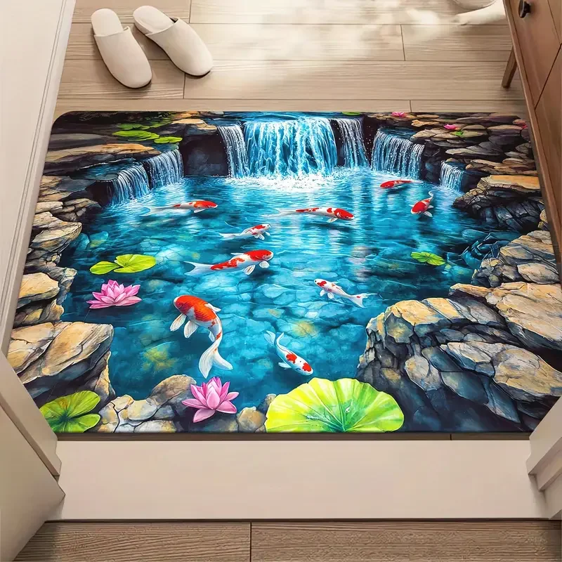 Chinese Lotus and Koi Patterns Carpet 2D Printed Floor Mat with Holes and Fish Schools Living Room Bedroom Kitchen Carpet