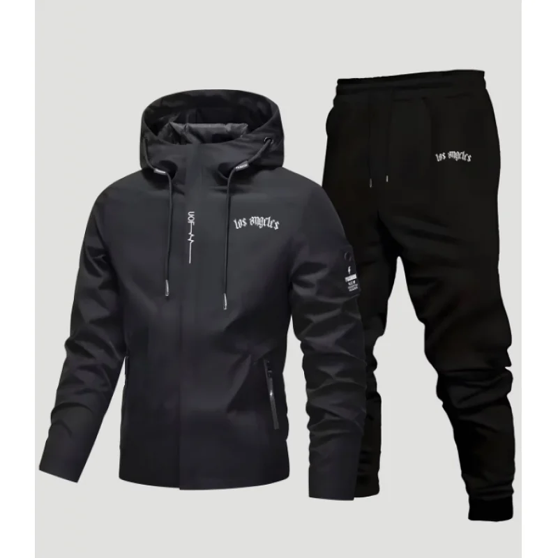 Men's casual outdoor sport set - printed hooded jacket and pants, regular fit, suitable for autumn and winter wear