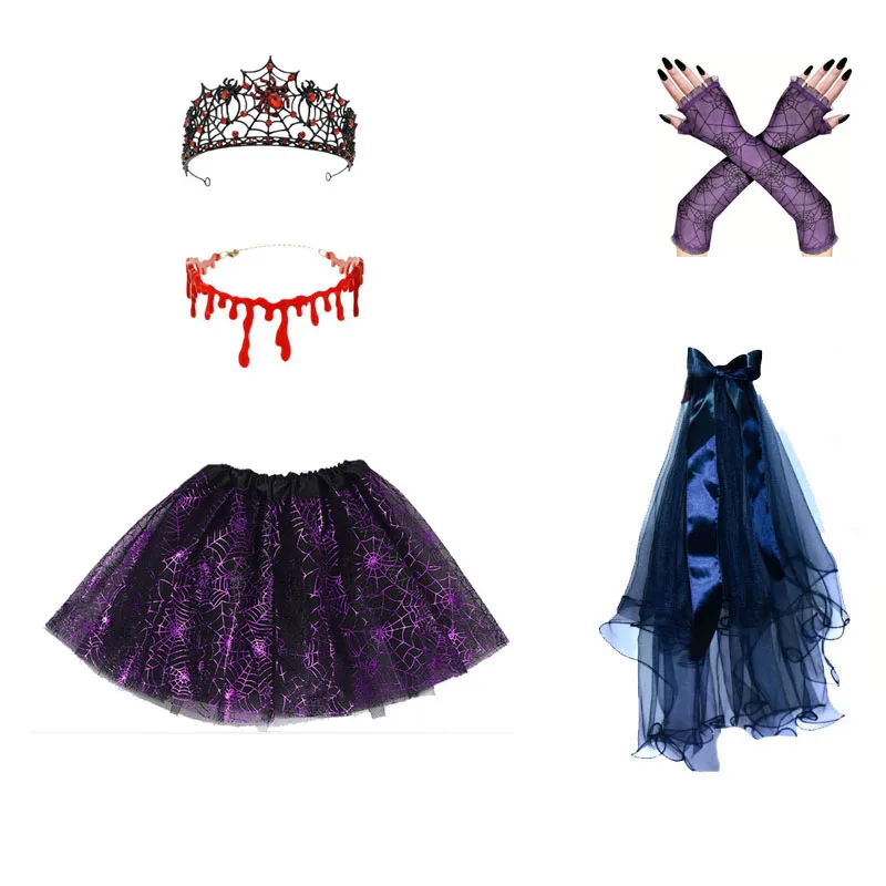 Scary  Children Girl Vampire Witch Costume Spider Web Tutu Skirt Hat Crown Arm Sleeves Halloween Cosplay Accessories