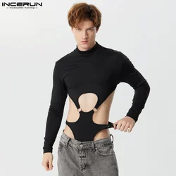 INCERUN Men Bodysuits Solid Hollow Out Sexy Turtleneck Long Sleeve Rompers Streetwear 2023 Fashion Male Irregular Bodysuit S-5XL