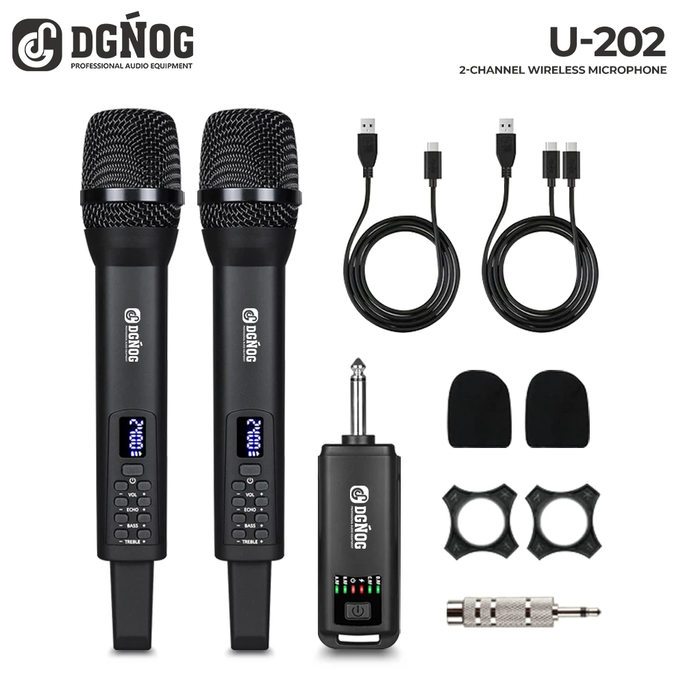 Professional Handheld Wireless Microphone System 2 Channel Rechargeable Wireless Microphone with ECHO High/Low for Karaoke Party
