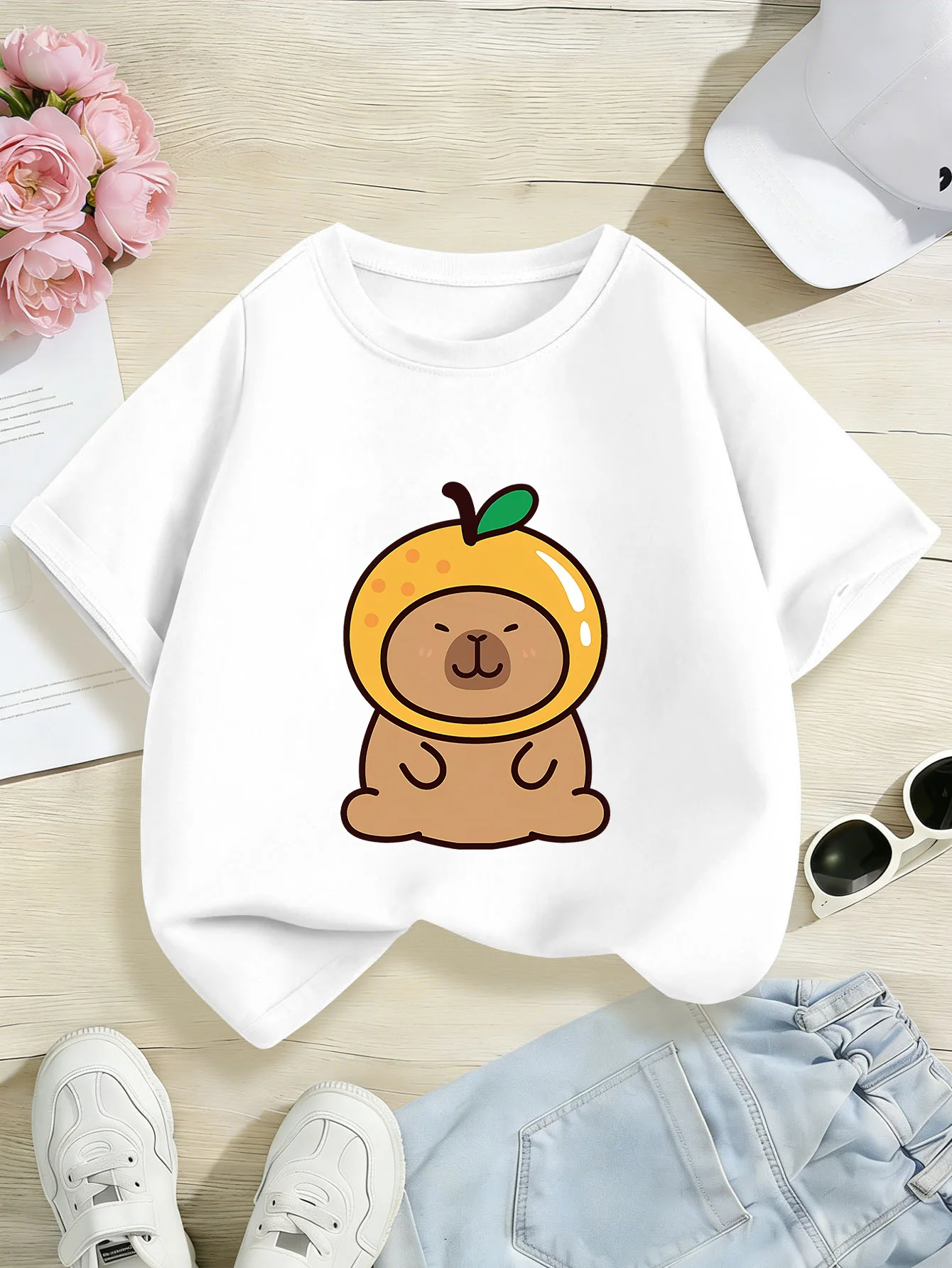 Cute Orange Hat Capybara Print Boys Girls Short Sleeve Tee Parent Match Soft Cotton Kids Lovely Warm Casual T Shirts