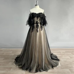 DIDEYTTAWL Real Photos Black Lace Appliques Tulle Prom Gown Off The Shouder Lace-Up A Line Evening Dress For Women