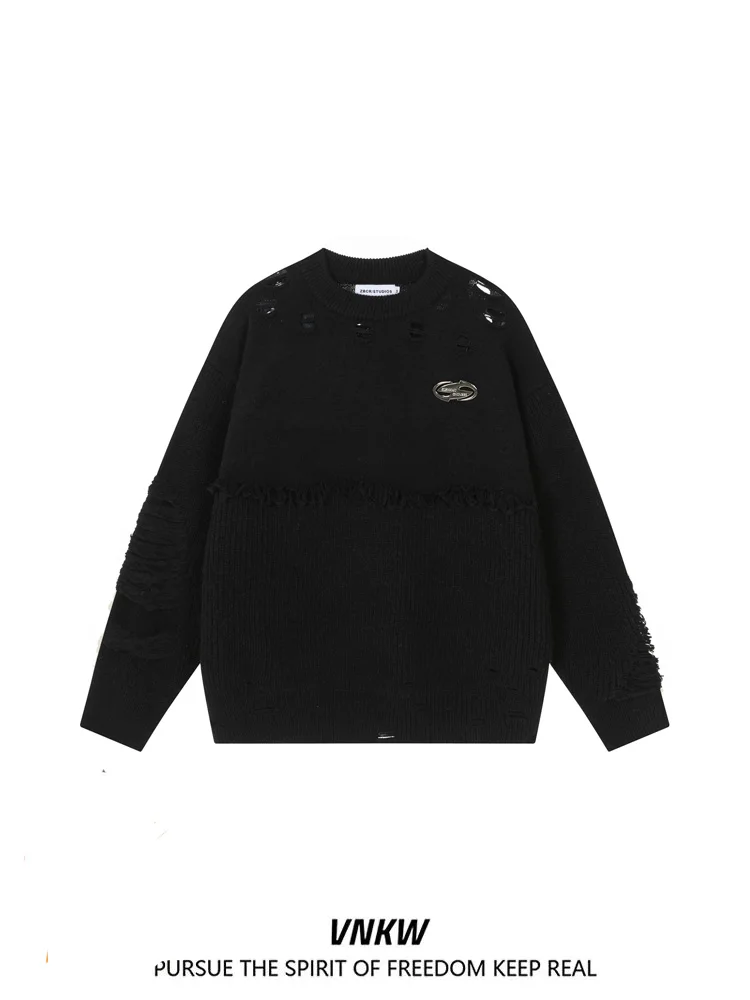 

Retro American Tassel Casual Sweater Men Women Autumn Winter Trendy Lazy Sle Couple Cleanfit Knitted irt Hole Design