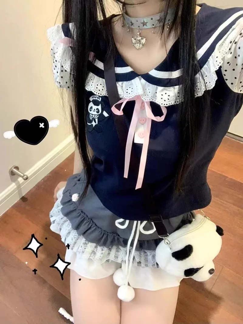 Kawaii Polka Dot Puff Sleeve Top with Panda Embroidery Peter Pan Collar Lace Heart Button T Shirts Y2K Tees 2000S Streetwear