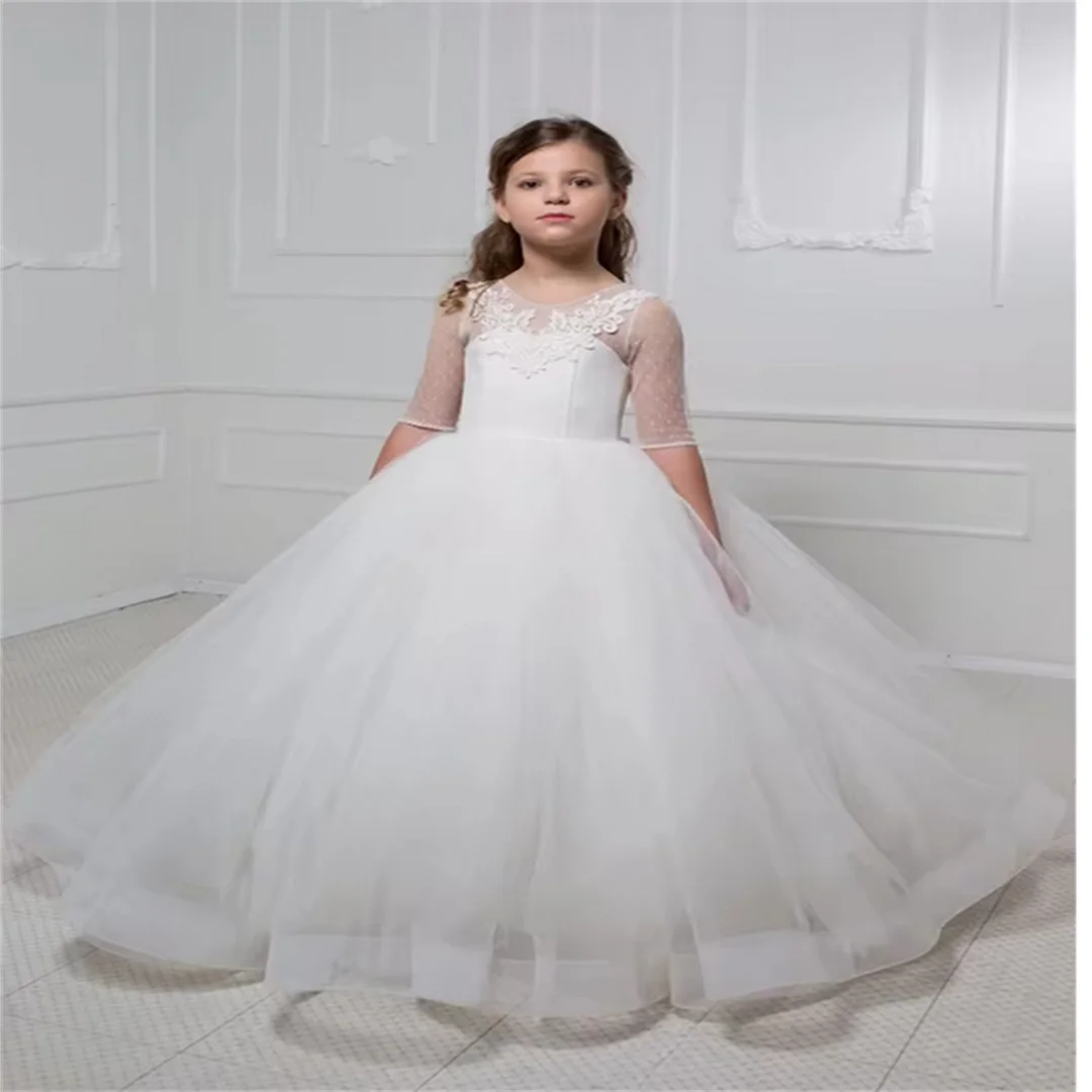 White Sleeveless Tulle Bow Belt Flower Girl Dress Ball Beauty Pageant First Communion Gown Kids Birthday Gift Evening