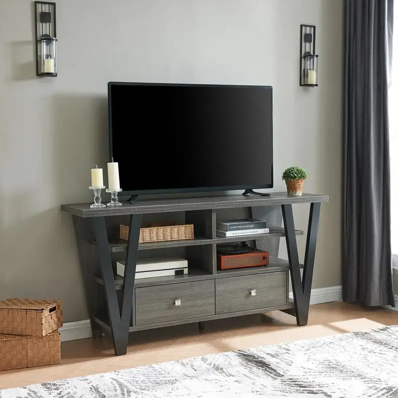 

Tall TV Stand Cabinet with 2 Drawers on Metal Glides, Metal Square Knob Handles, and 2 Divided Shelf Tiers - Modern Design for