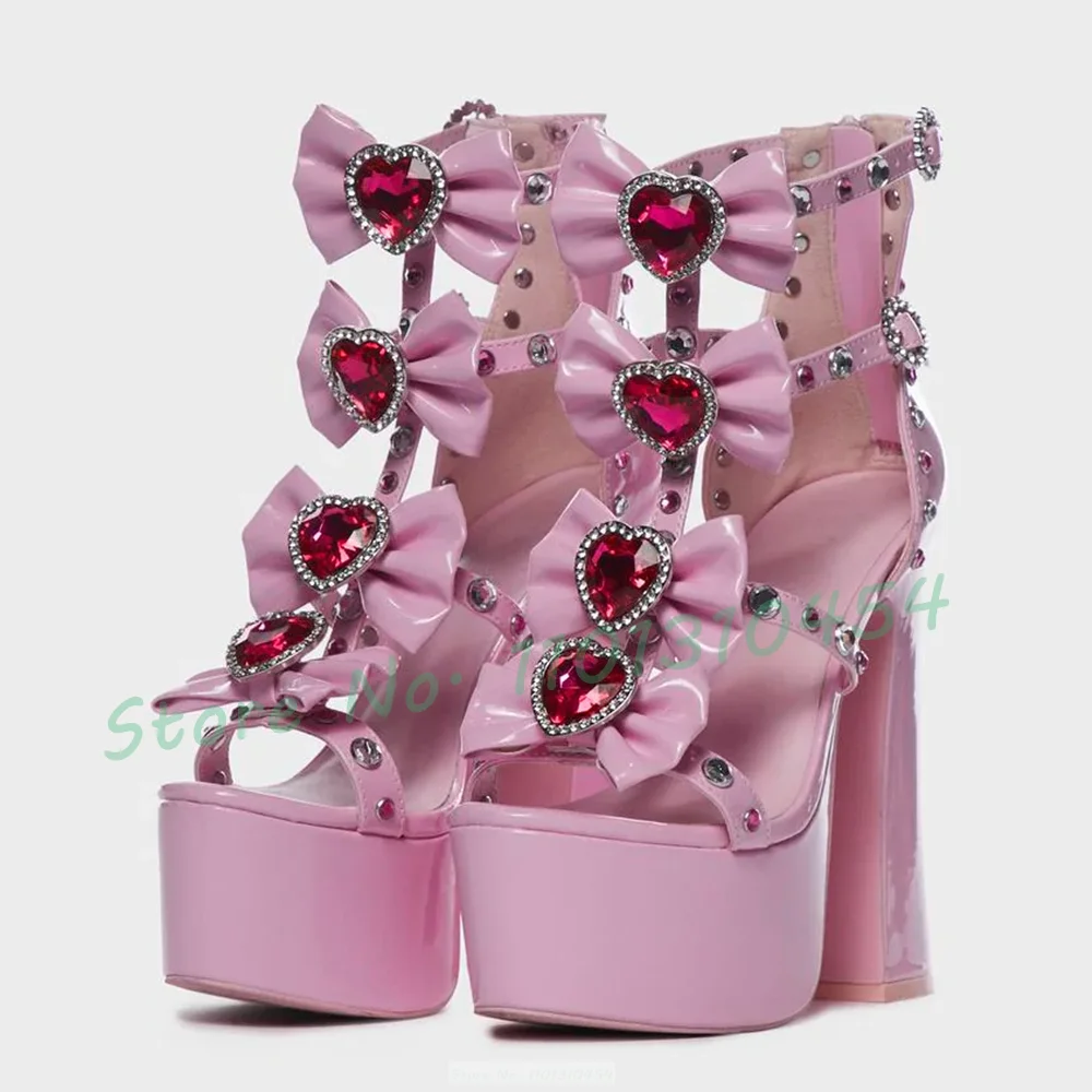 Crystal Bow Knot Platform Sandals Women Heart Shaped Gems Multi-buckles Bling Shoes Ladies Summer Design Block Heels Sandals