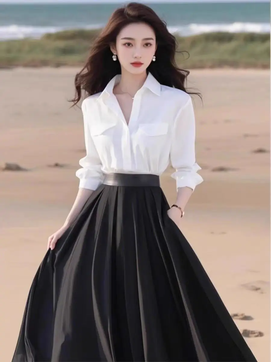 

New High End Korean Fashion Women's Two Piece Set Elegant Lapel Long Sleeve White Shirt + A-line Skirt Luxury Office Lady Suit