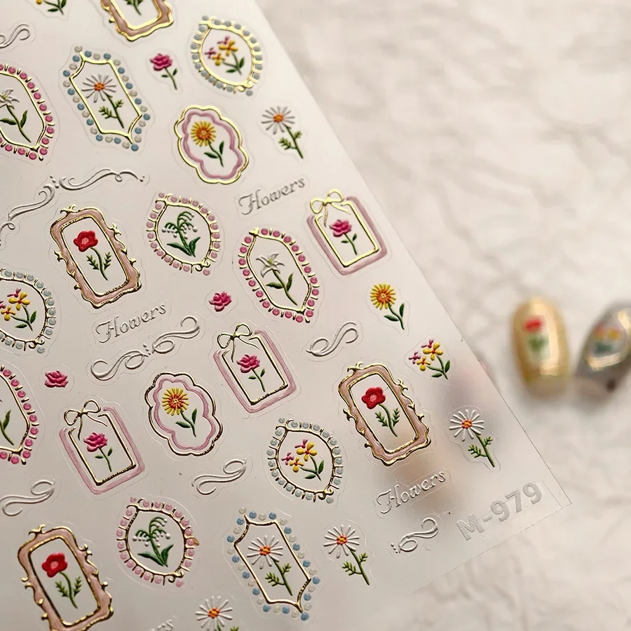화려한 꽃잎 꽃 신선한 장미 백합 벚꽃 가지 5D 네일 아트 스티커 릴리프 자기 접착 장식 매니큐어 데칼