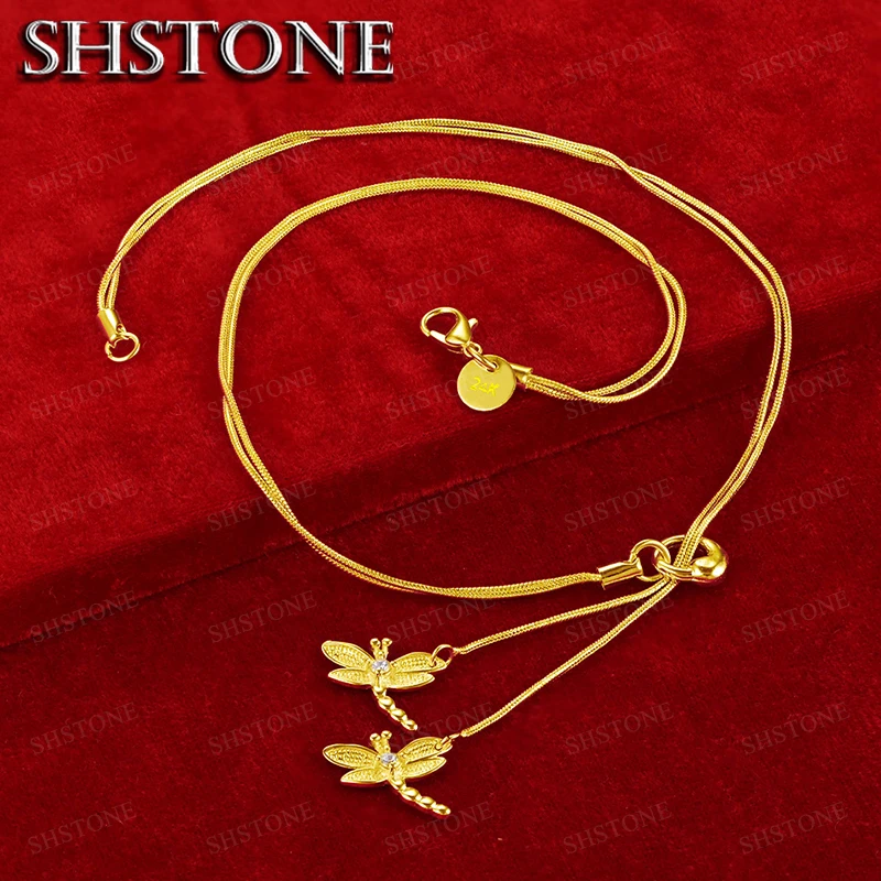 18K Gold AAA Zircon Two Dragonfly Pendant Necklace For Women Chain Engagement Wedding Fashion Charm Jewelry