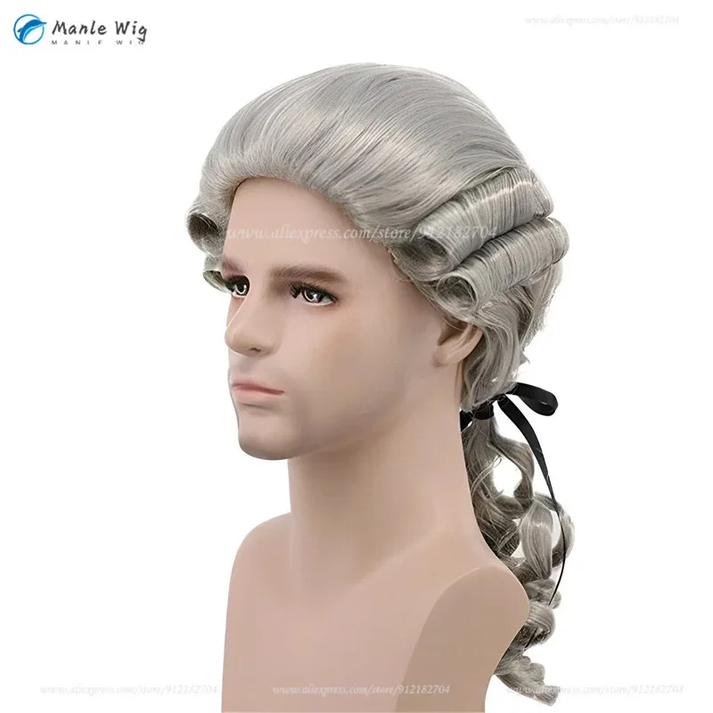 2025 yiyiLawyer القاضي الباروك رمادي تأثيري البيج أبيض أسود رمادي ذهبي مجعد الذكور زي ديلوكس التاريخية الباروكات + ث