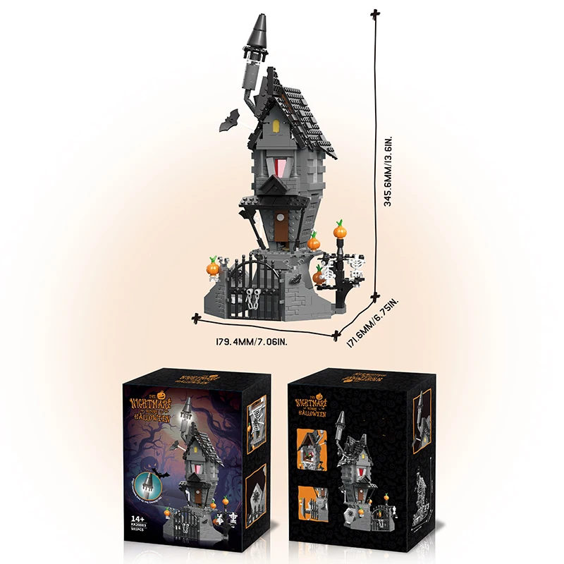 MOC Nightmares Before Xmas Castle House with Light Building Blocks Pumpkin Skeleton Haunted Hut Model Kids Halloween Gift