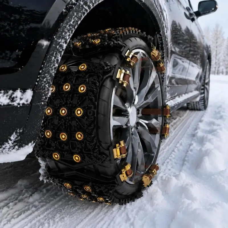 D5BE Snow Tire Chain with Textured Contact Areas and Visible Metal Studs, 6-Piece No-Lift Encircling Set for Winter