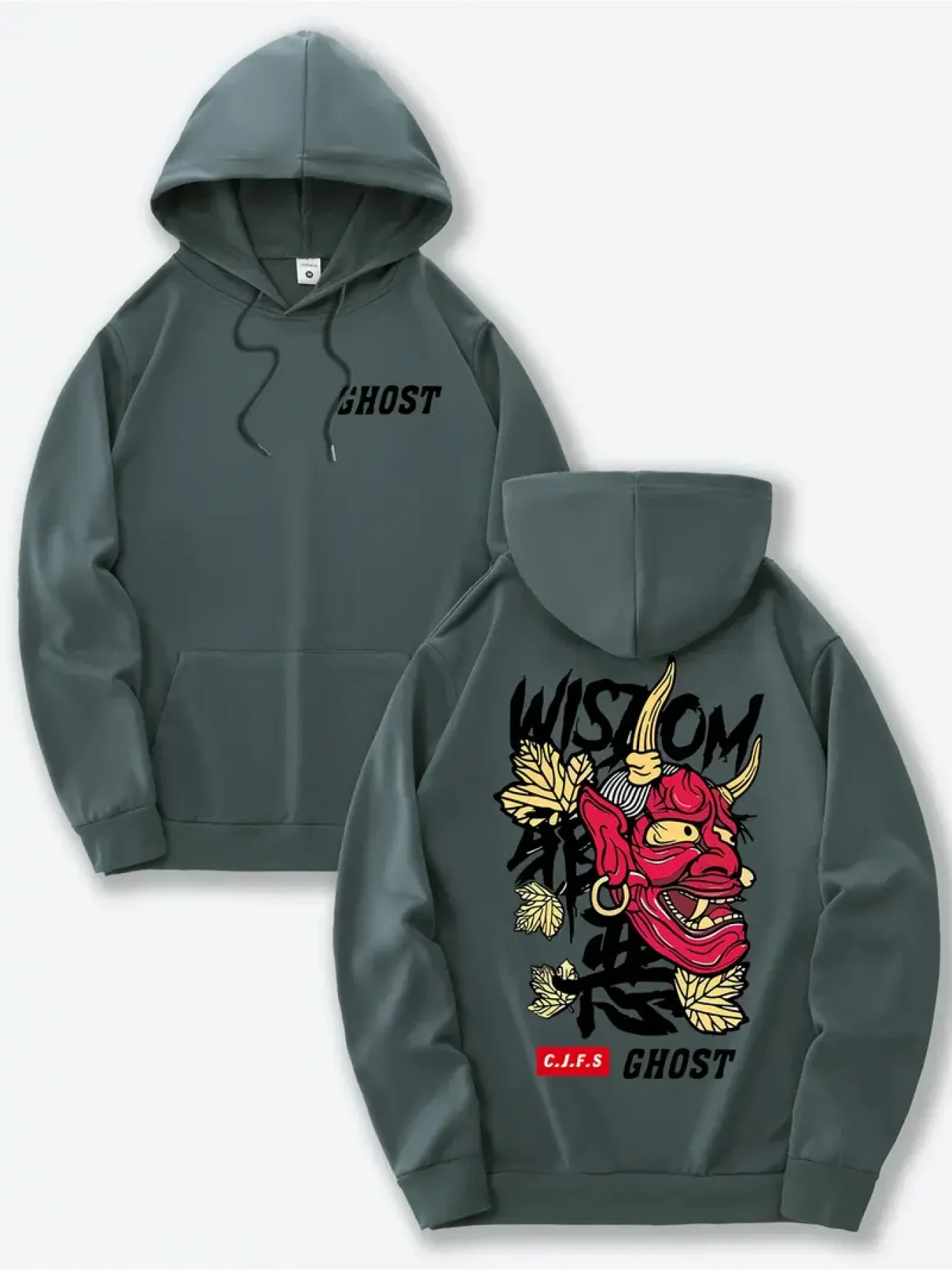Japanese Hannya Oni Mask Graphic Hoodie Ghost Letter Front Back Dual Print Pullover Sweatshirt Loose Fit Unisex Autumn Winter