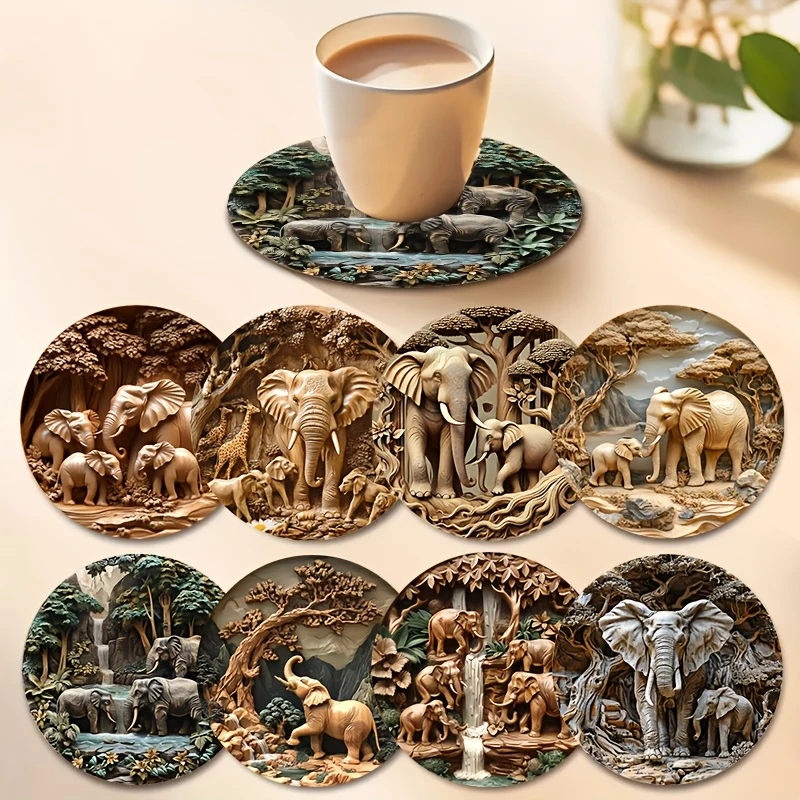 Posavasos redondo de madera con elefante, 8 Uds., colores artísticos, 4 pulgadas, resistente al calor, antideslizante, decoración temática para fiesta en casa, accesorios para fotos, regalos