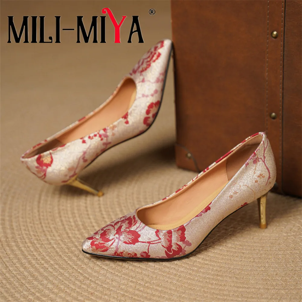 MILI-MIYA Women's Pointed-Toe Silk High Heels With Floral Pattern Sexy Stiletto Heels Sizes 34-43 Dress Party Pumps Handmade