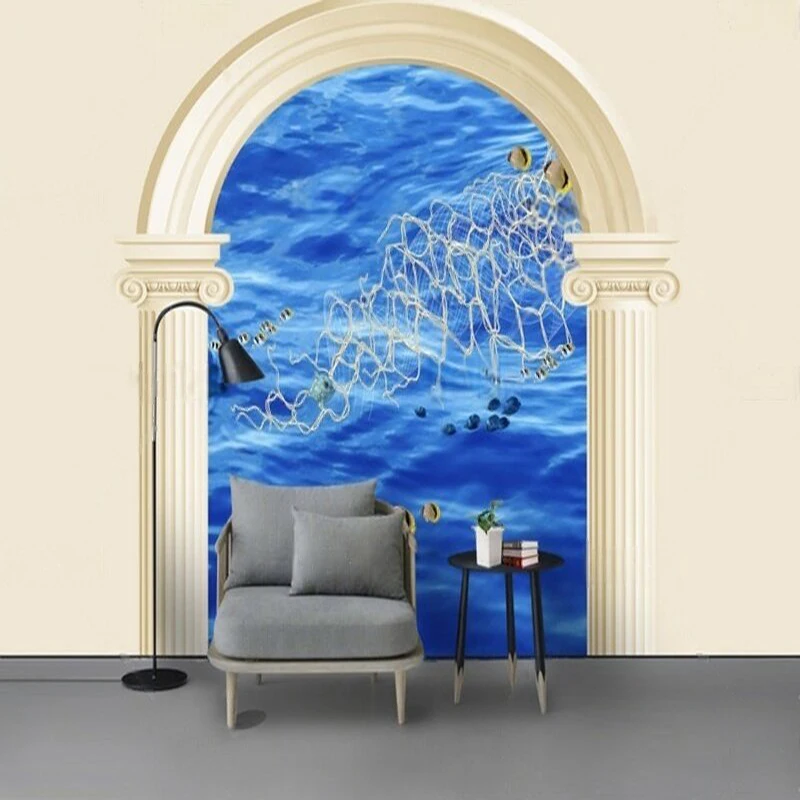 European Mediterranean Style Arch-Shaped Door With Custom-Made Pictures Of Underwater Seawater And Small Fish As The Background