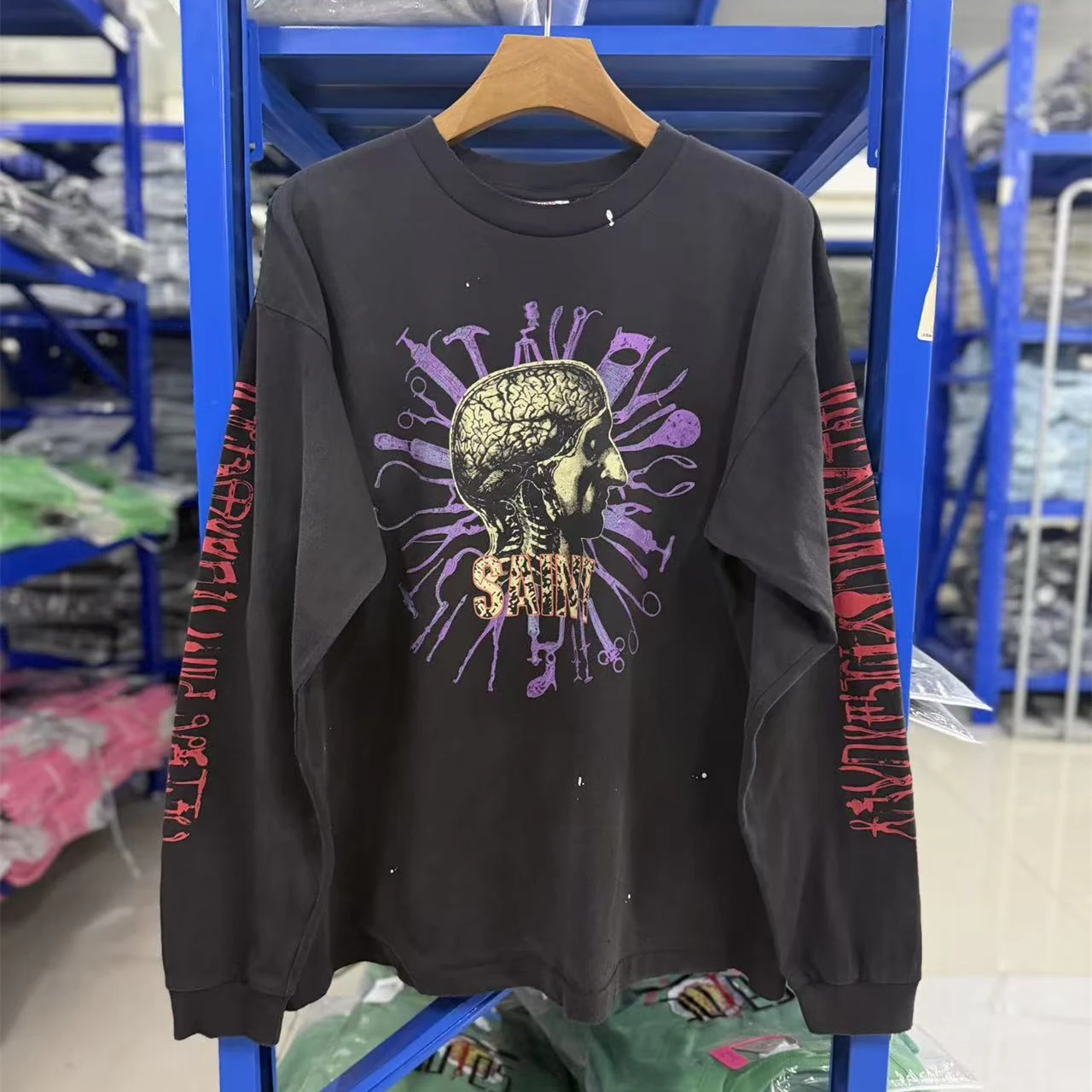 Vintage Washed Black Saint Human anatomy patterns Long Sleeved T-Shirt Men Women Oversized T Shirt Top Tee