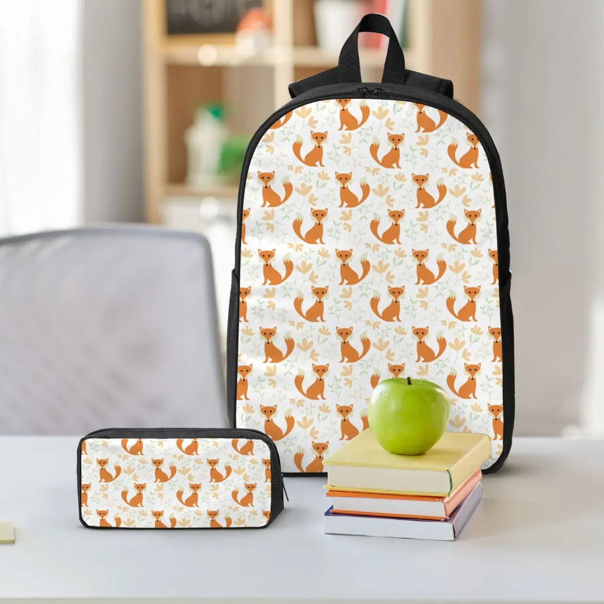 Fox In Flowers Orange Fox With Plant Backpack Boys Girls BookBag School Bag Shoulder Bags 3ps Insulated Lunch Bag Pencil Case
