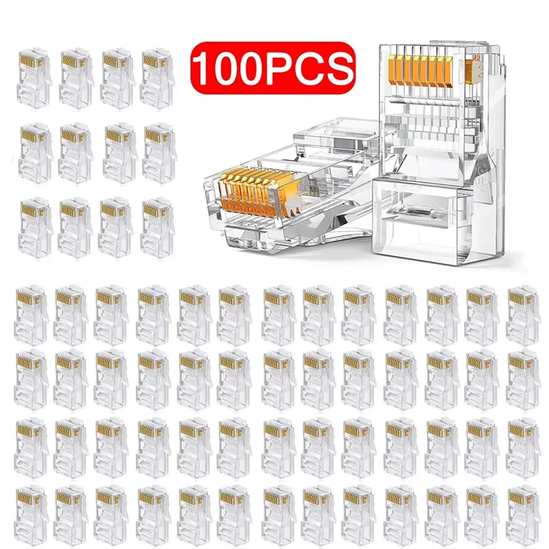 100pcs RJ45 Ethernet Cables Module Plug Network Connector Crystal Heads Cat5 Gold Plated Network Cable Suitable For PC Computer