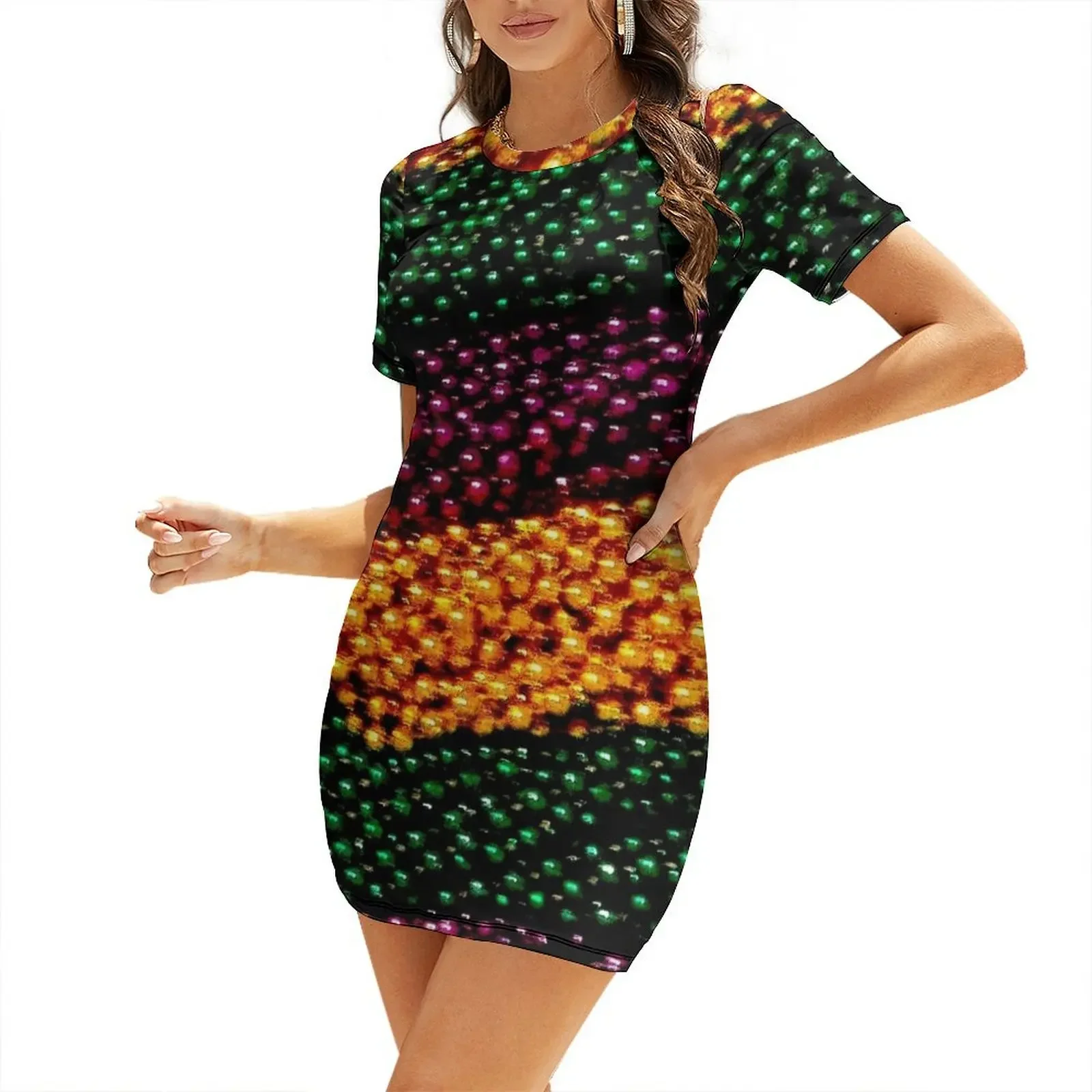 

MARDI GRAS :Colorful Festival Beads Print Short-Sleeved Dress Dress woman long dress women summer birthday for women