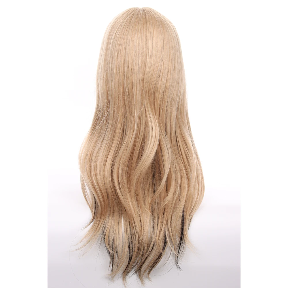 باروكة صناعية مقاومة للحرارة للنساء، طويلة مموجة، أشقر مختلط، نمط أسود مناسب للحفلات التنكرية والملابس اليومية