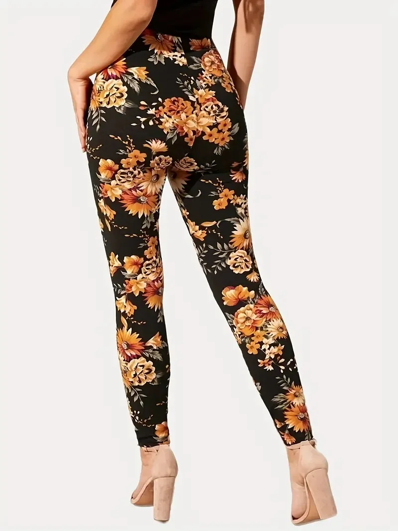 Floral print elastic elastic waist slim-fit leggings for women traveling everyday wear