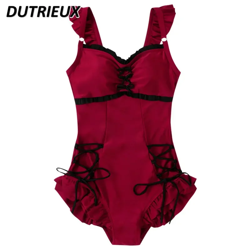 

Retro Red Girl Lolita One Piece Swimsuit Female Slimming Cute Pure Desire Student Sleeveless Swimwear Bathing Suit for Women