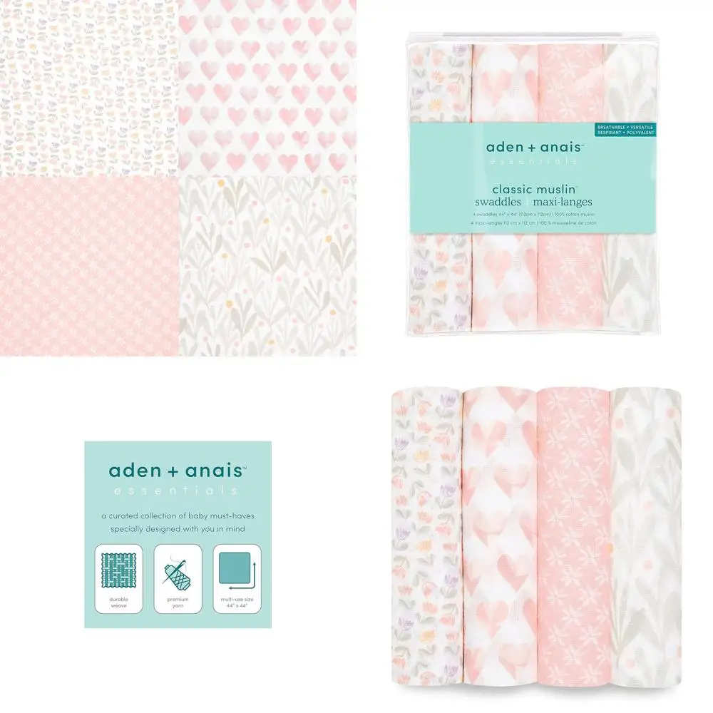 

Aden + Anais Boutique Muslin Swaddle Blankets, Unisex Baby Swaddling Set, 4-Pack, Piece of My Heart Design