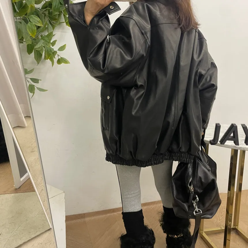 레트로 홍콩 슬레 여성 PU 가죽 재킷 겨울 따뜻한 또는 느슨한 양털 안감 코트 통근 Faion Long Sve