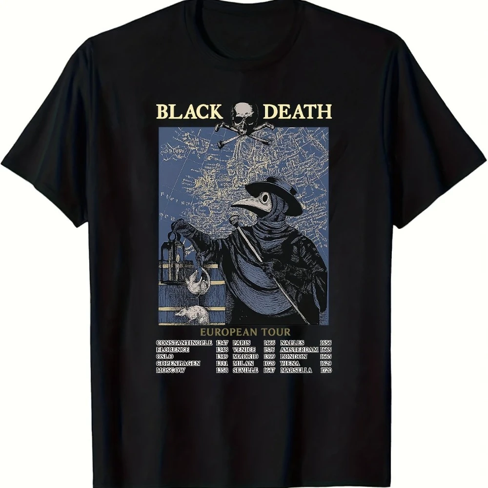 Herren Plague Doctor Black Death European Tour Grafik T-Shirt Kurzarm Vintage Historisches Design Totenkopf Kontinent Datteln