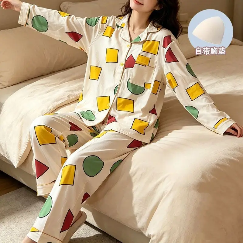 Korean Crayon Shin-Chans Women's Pajamas Spring and Autumn Long Sleeved Pants Sleepwear with Chest Cushion Comfortable Home Wear