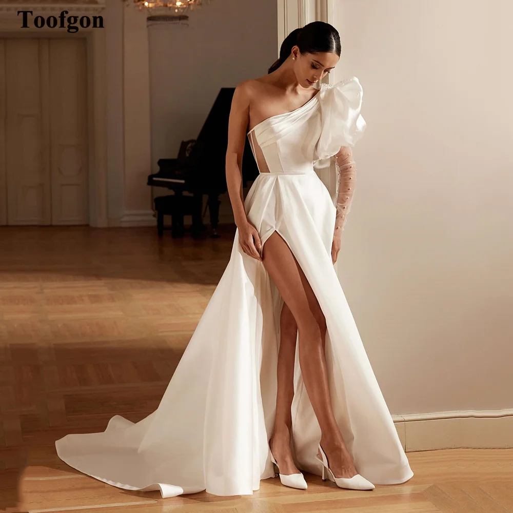 

Toofgon A Line Satin Formal Wedding Dresses Corset Tulle Long Sleeves Bride Dress Women Wedding Photo Shoot Wear Bridal Gowns