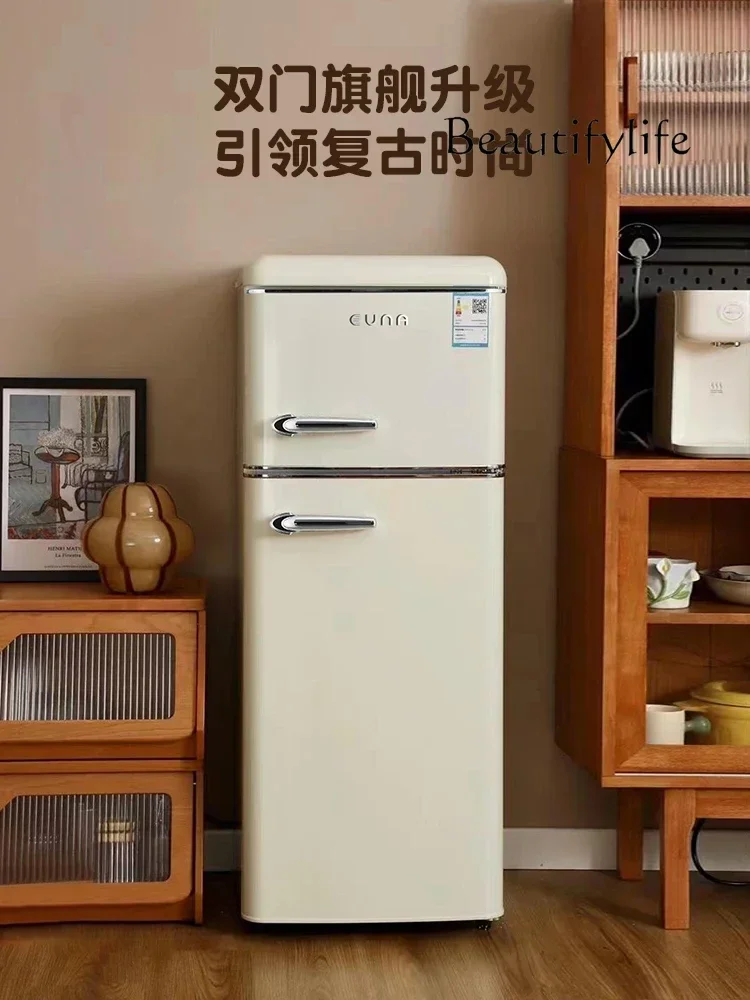 Retro home small living room double door cream wind mother and baby mini apartment high value small refrigerator