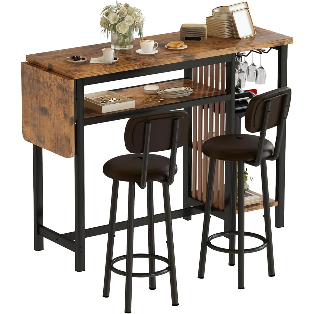 

59" Expandable Counter Height Bar Set for 2: Small Kitchen Dining Table & Chairs