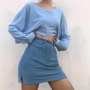 여성용 레트로 O넥 코튼 얇은 헤지 라운드넥 긴팔 티셔츠, 크롭탑, 그린 블랙 화이트 블루, 루즈한 신상, 2024