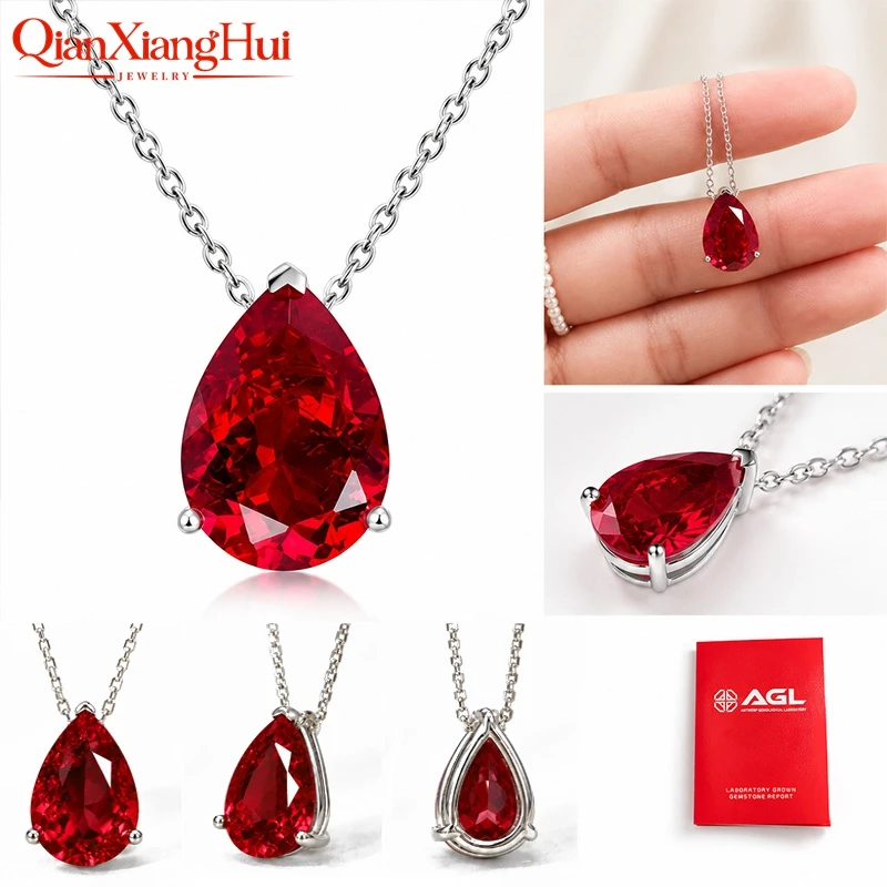 925 Silver Pear Shape 7ct 10x14mm Pigeon Blood Red /Rose Pink Lab Grown Created Ruby Inclusions Stone Jewelry Pendant Necklace