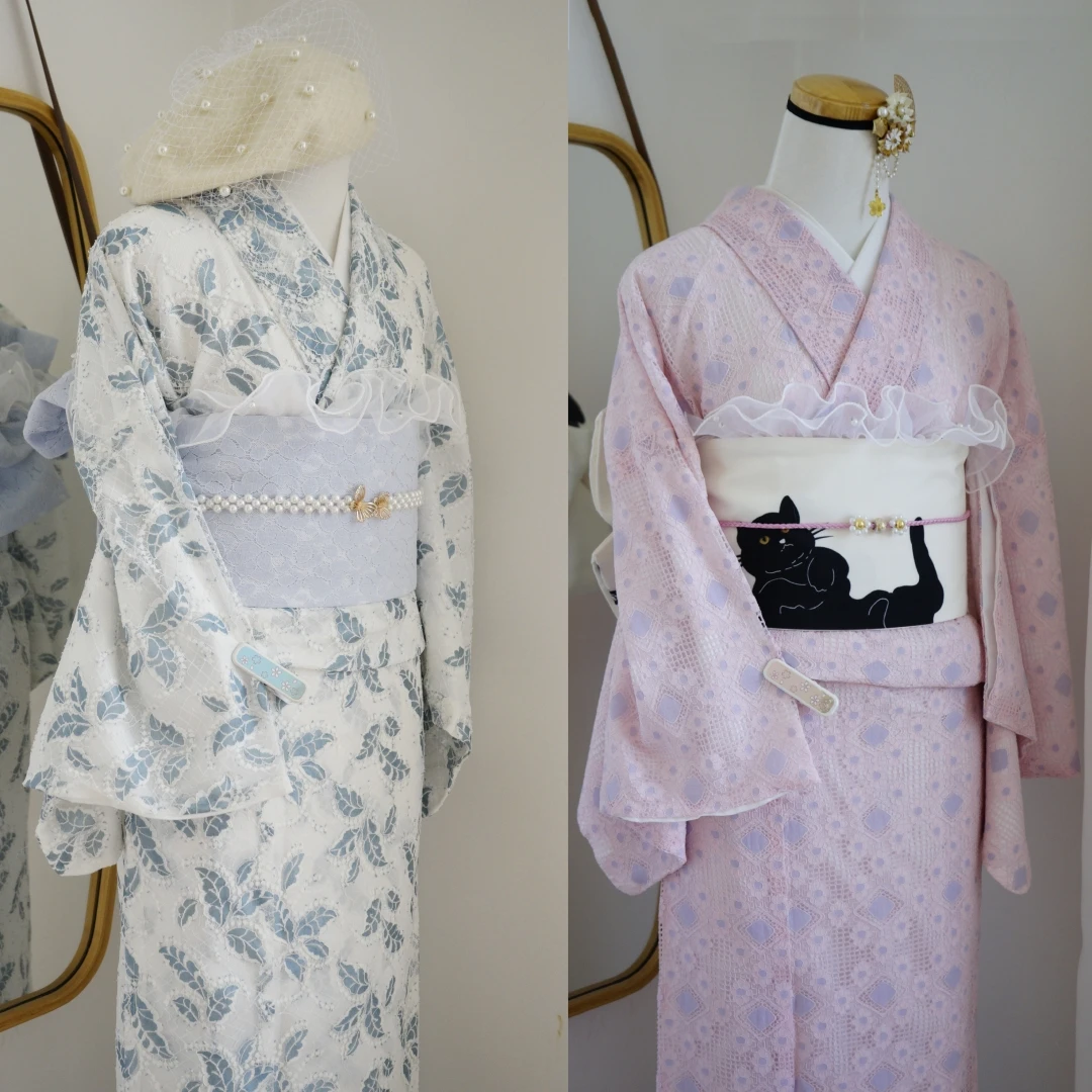 

Japanese dress women's lace small pattern kimono leaves traditional Japanese retro mix and match clothing travel photography