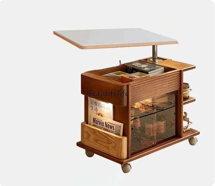 

Coffee Table Living Room New Home Solid Wood Stone Plate Adjustable Wheeled Dining Table Dual-Use Trolley Small Apartment