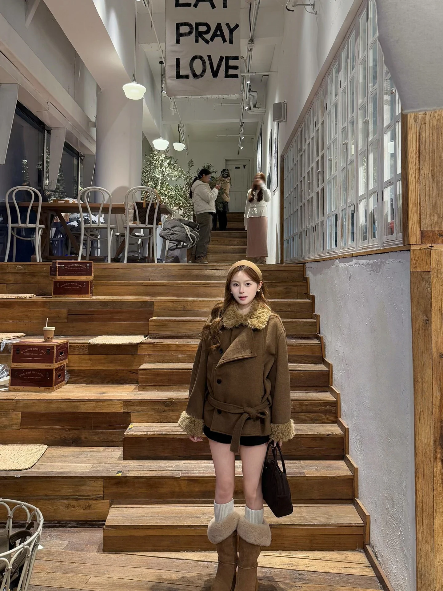 

FEMPILOT Vintage Brown Warm Wool Collar ort Coat Design Sensation Small ence Turn Collar Woolen Outerwear