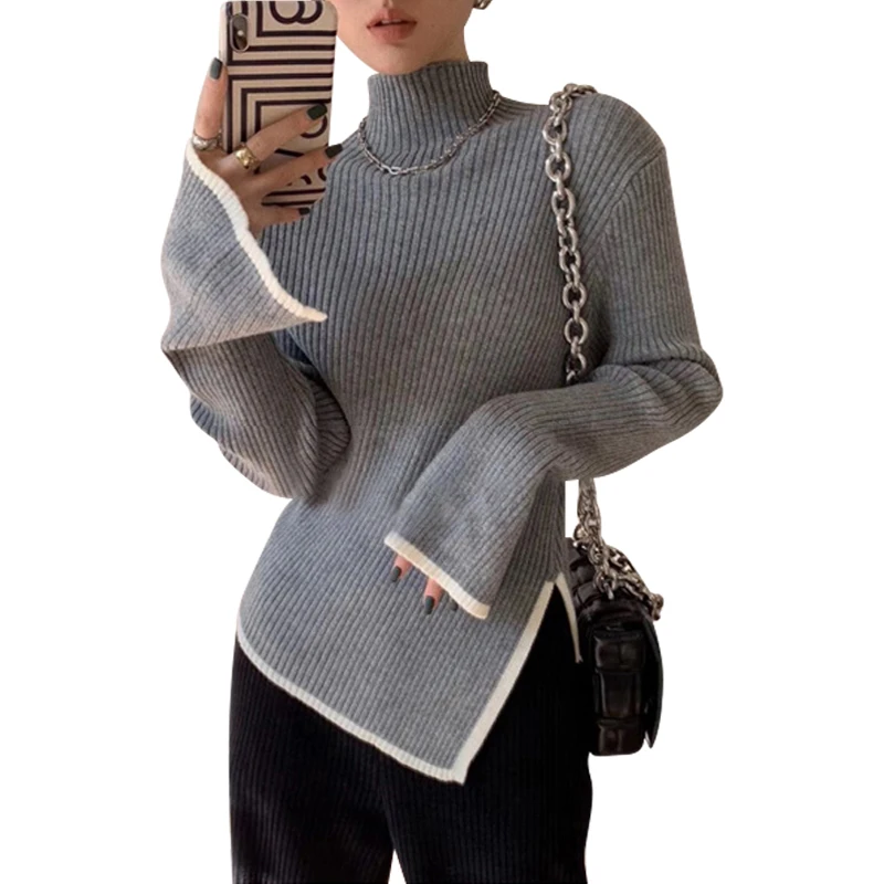 

Turtleneck Knitwear Pullovers Women Fall Winter Clothing Split Tunic Vintage Jumper Fashion Casual Knit Sweater Tops Pull Femme