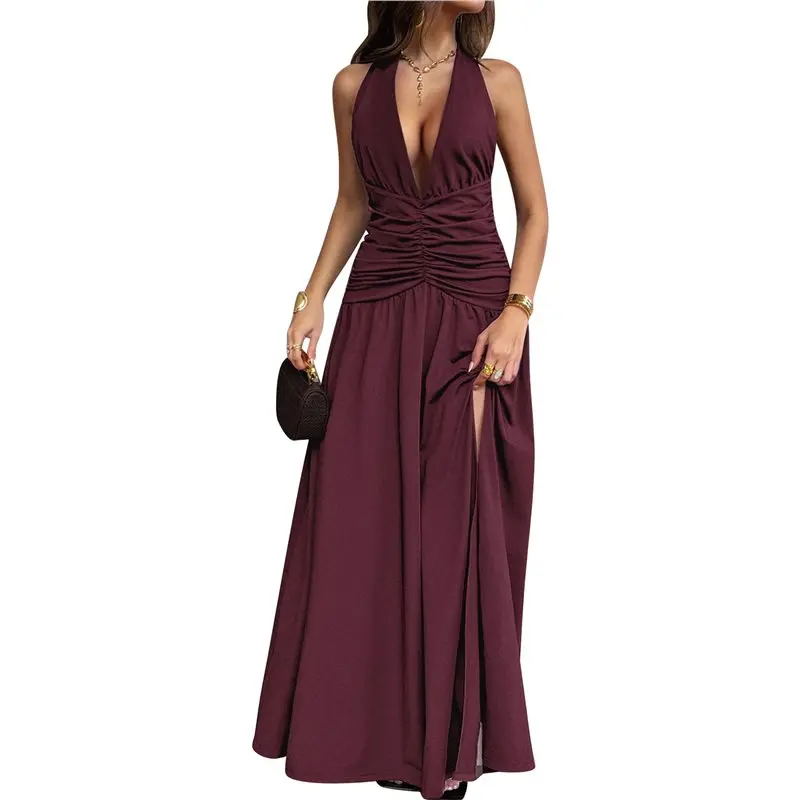 

CYL-Women's High Slit Ruched Sheer Sleeveless Low Cut Halter Maxi Dresses