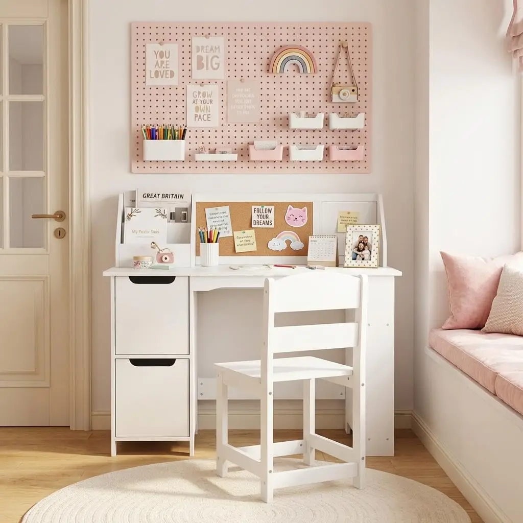 Kids Desk and Chair Set with Storage Hutch, Wooden Study & Art Table - Bookshelf - Bulletin Board - Cabinets & Side Shelves - Homework & Drawing Desk for Boys & Girls Ages 3-8, White/Pink